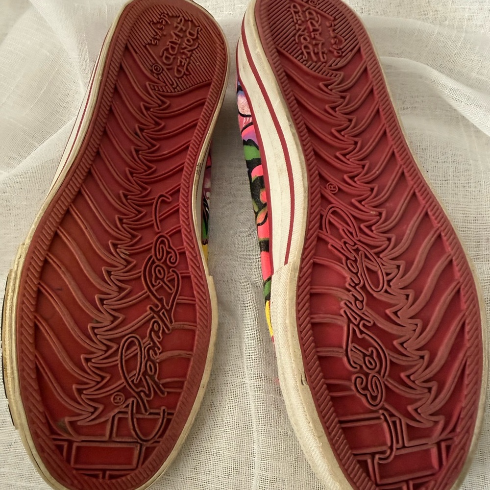 Ed Hardy Women's Pink and Yellow Graphic Sneakers - Picture 2 of 7